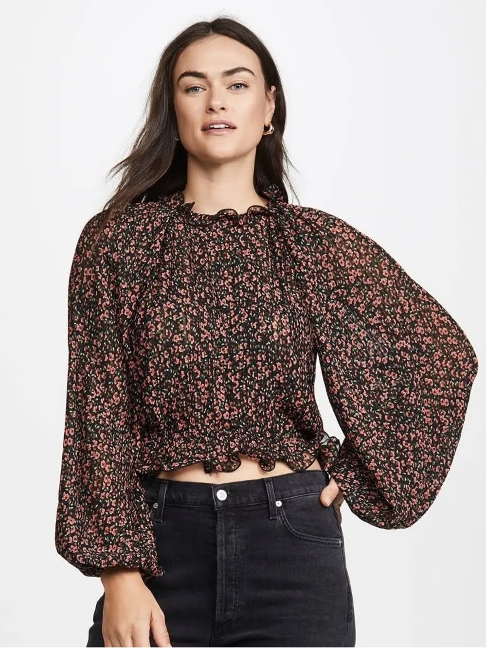 C/Meo Collective Longevity Pleated Floral Balloon-Sleeve Top